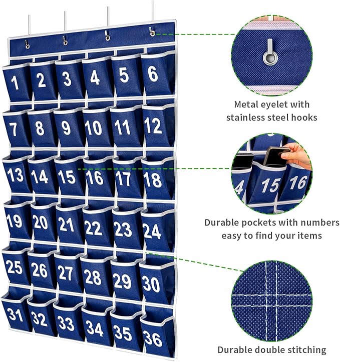 36 Pockets Blue Numbered Classroom Pocket Chart for Cell Phones, Hanging Pocket Chart Storage for Classroom Phone Calculator Holder with 4 Stainless Steel Hooks (Blue-36pockets)