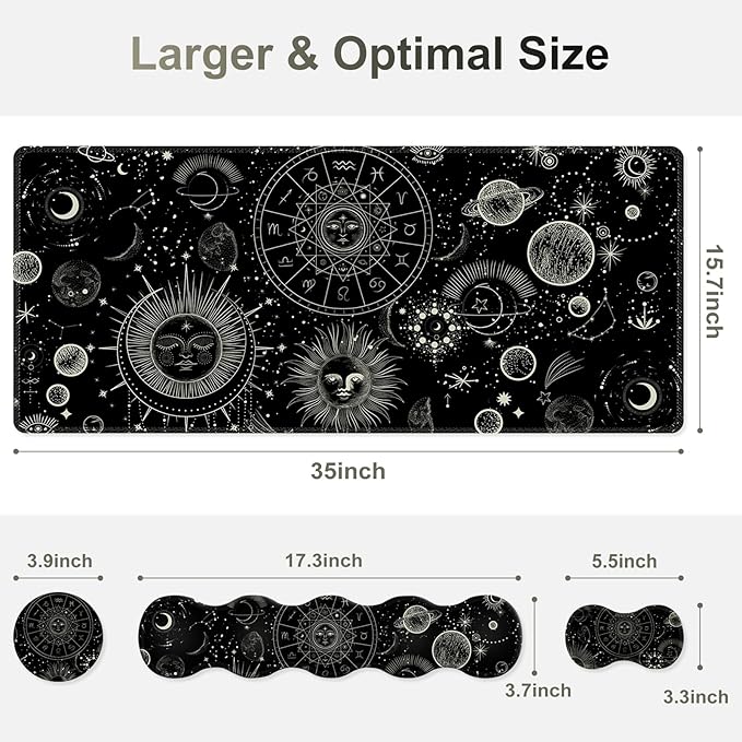 Gaming Mouse Pad Keyboard Wrist Support, 4 in1 Mousepad Set with Wrist Keyboard Rest, Computer Desk Mat, Non-Slip Desk Pad Protector with Memory Foam Easy Typing Pain Relief I Moon Sun Cosmic