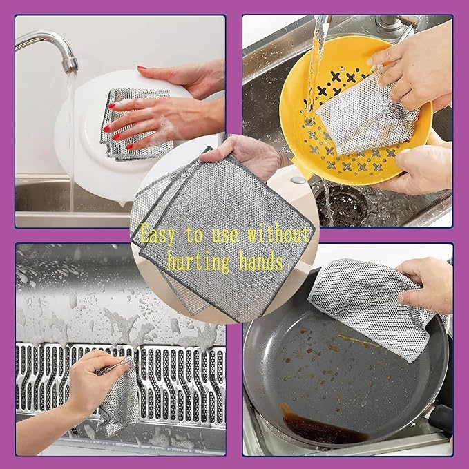 Double layer metal wire scratch free cloth, dry and wet dual-purpose metal wire dishwashing cloth, suitable for kitchen cleaning, cookware, tableware, sink, stove, etc., easy to rinse (10 pieces)