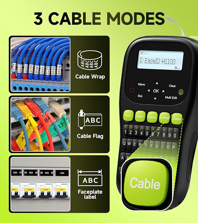 Industrial Label Maker Machine with-Tape Waterproof, Portable Cable Label Maker with Keyboard, Handheld Wire Labeler with Backlight Screen for Home Office Use, H1100 Black