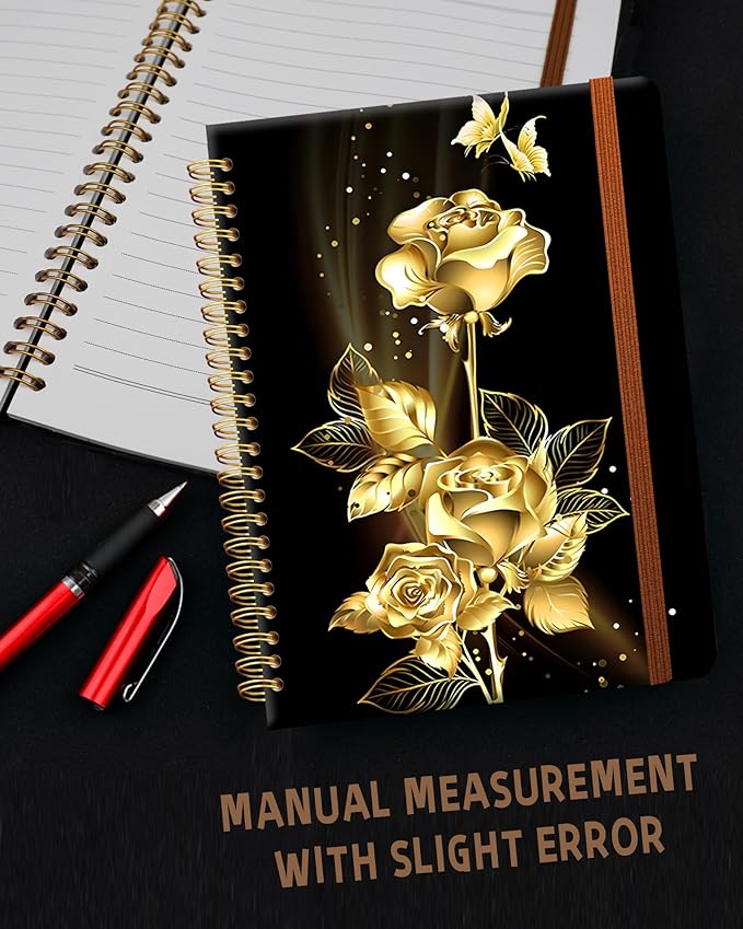 Ruled Spiral Writing Notebook,A5 Hardcover Lined College Journal for Women,Strong Twin-Wire Binding with Premium Paper,8.4" X 6",Perfect for School,Office,Home(Gold Butterfly Rose)