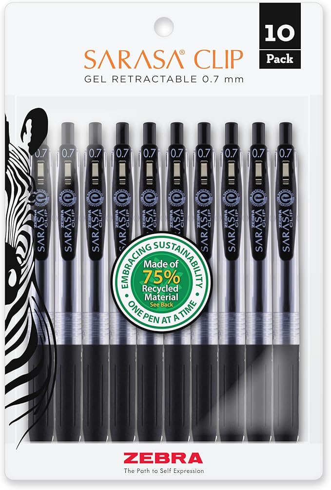 Zebra Pen Sarasa Clip Retractable Gel Pen, Medium Point, 0.7mm, Black Ink, 10-Pack (41211)