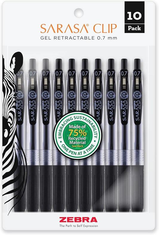 Zebra Pen Sarasa Clip Retractable Gel Pen, Medium Point, 0.7mm, Black Ink, 10-Pack (41211)