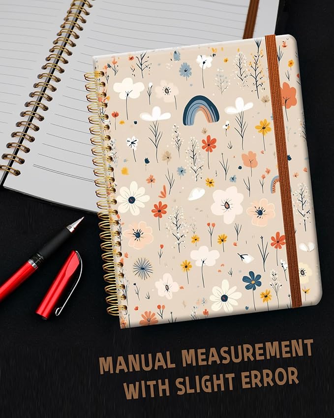 Ruled Spiral Writing Notebook,A5 Hardcover Lined College Journal for Women Lady Girl,Strong Twin-Wire Binding with Premium Paper,8.4" X 6",Perfect for School,Office,Home Gifts(rainbow flower