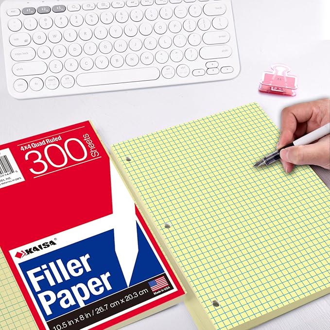KAISA Loose Leaf Notebook Paper, 4x4 Quad Graph Ruled, 300 Sheets Per Lined Paper, 8" x 10.5", 3 Hole Punched for 3 Ring Binder, Canary, Made In USA