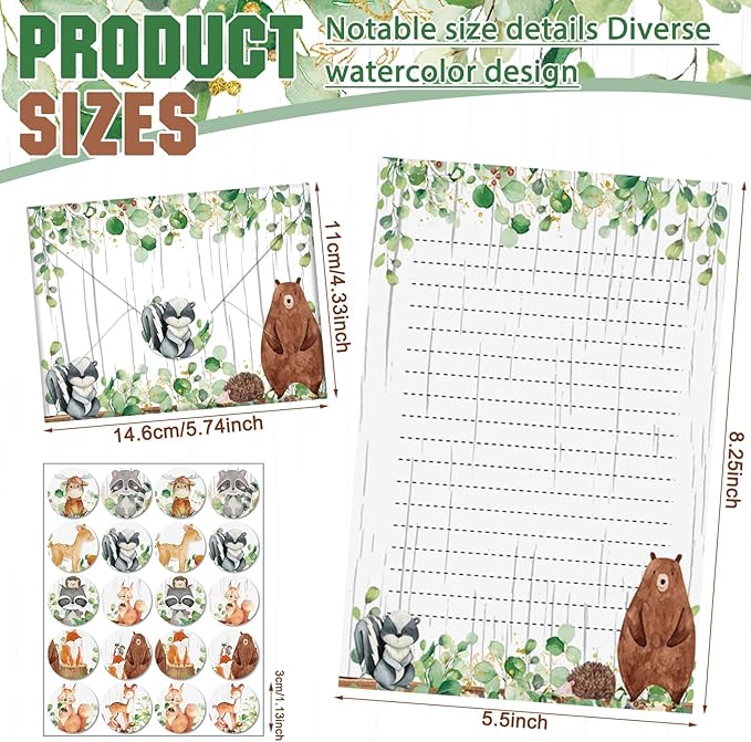 TaoBary 160 Pcs Stationery Paper Set 50 Double Sided Stationery Papers with 50 Matching Envelopes and 60 Round Dot Sticker, 10 Design(Land Animal,5.5 x 8.25 Inch)