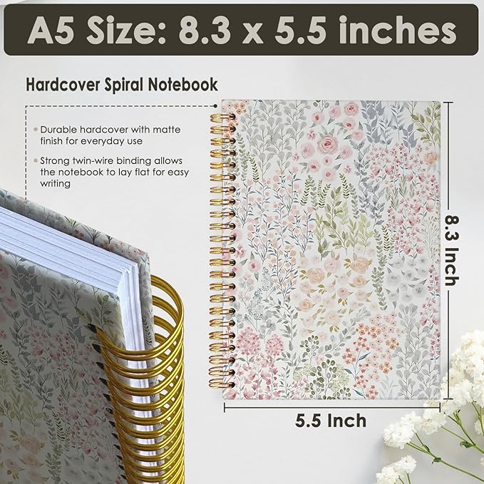 Wheatwin Floral Notebook Journal, Wildflower Cute Hardcover Spiral Notebook for Women, School Notebooks Pastel Pink Journal for Teen Girls 5.5x8.3