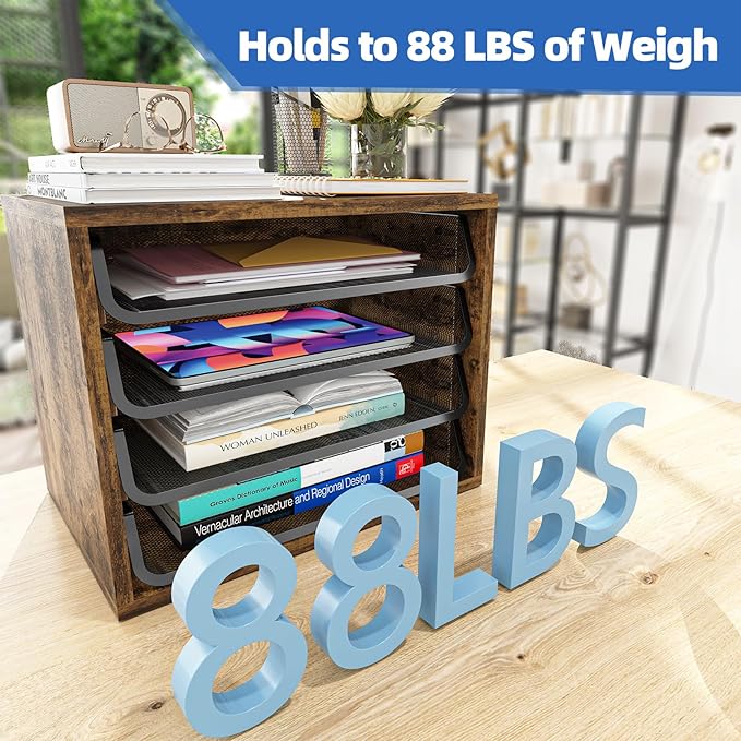 Simple Trending Desk File Organizers, 4-Tier Letter Tray Paper Organizer with File Holder, Wooden Paper Sorter for Office Supplies, Rustic Brown