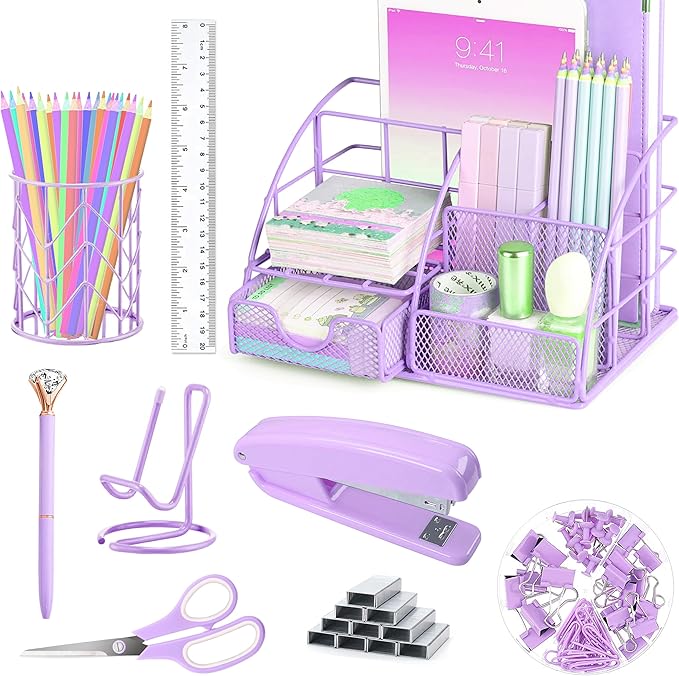 Purple Desk Organizers and Accessories Office Supplies Set Stapler, Pen Holder, Phone Holder, Scissors, Pen, Ruler, 30 Paper Clips, 22 Binder Clip, 20 Tacks and 1000pcs Staples