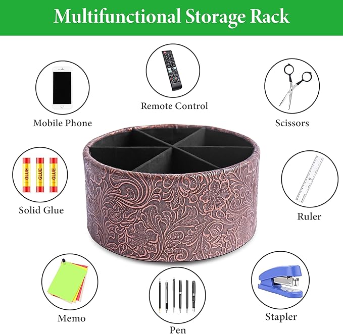 lizimandu Remote Control Holder, 360°Spinning PU Leather Desk TV Remote Caddy,Desk Storage Box Room Accessories for Controller, Media,Mail,Calculator, Mobile Phone,Pencil(1B-Carved Cooper Red)