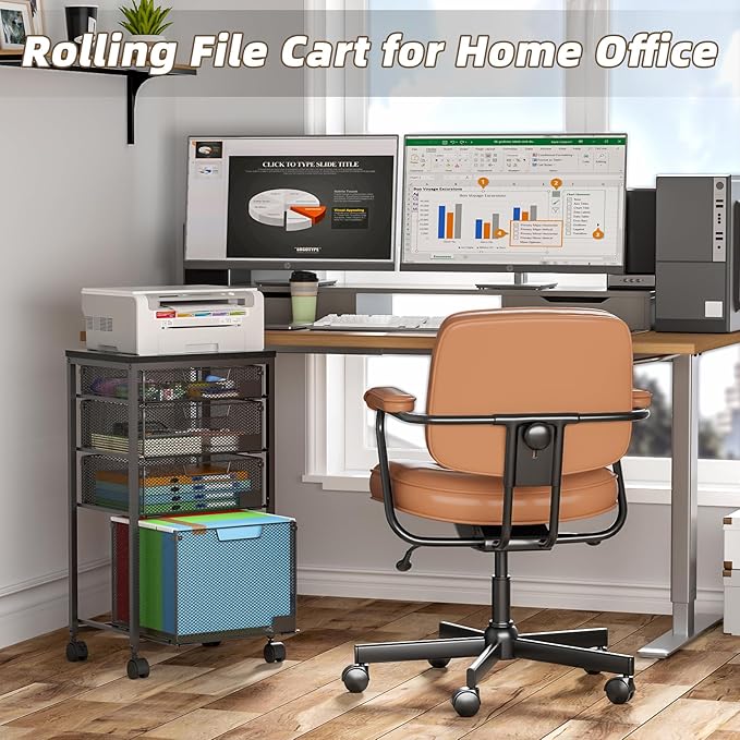 Rolling File Cart with 4 Storage Drawers, Filing Cabinet for Home Office, Hanging File Folder Organizer with Wheels Under Desk, Utility Craft Cart Printer Stand, Black, Patent Pending