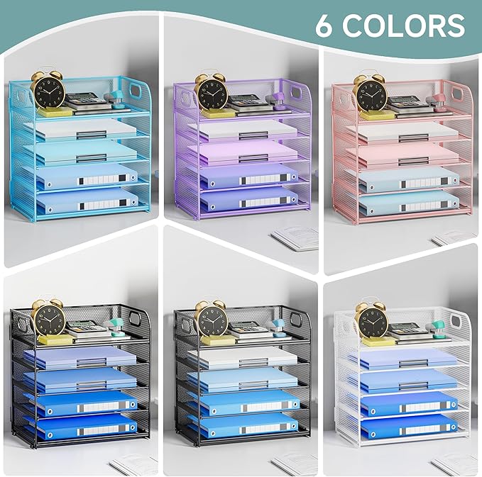 5 Tier Paper Organizer for Desk Organizer with Handle Letter Tray Mesh Paper Sorter Desk Organizer for Office Home Supplies-Blue