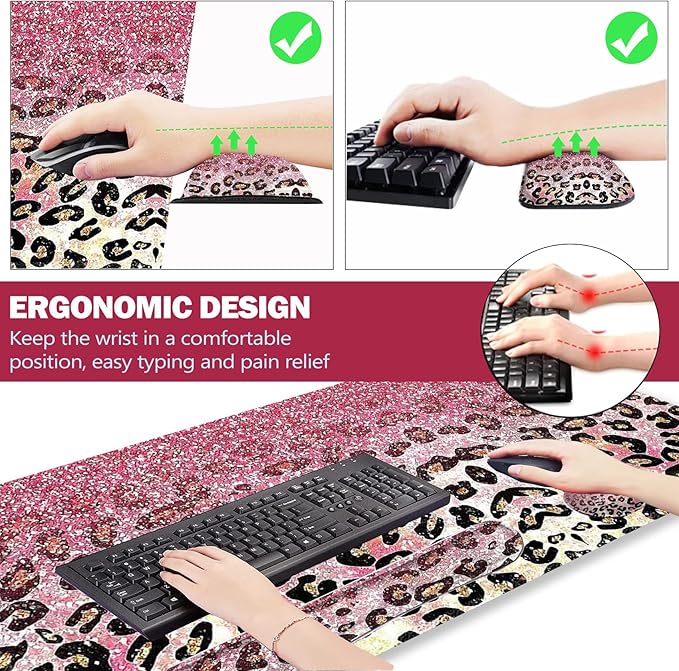 ARTSO Extended Gaming Mouse Pad Set, Keyboard Wrist Rest Support Pad + Wrist Cushion + XXL Large Mouse Pad + Coaster, Stitched Edge, Non-Slip, Memory Foam Desk Mat, Pink Leopard Print