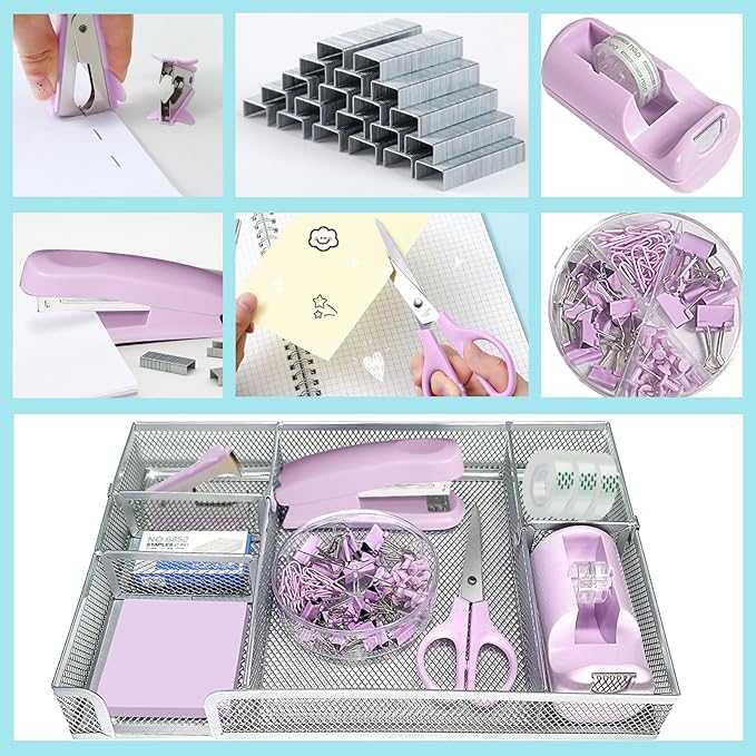 Purple Office Desk Accessories,Purple Office Supplies Set, Desk Drawer Organizer,Stapler and Tape Dispenser Set,Tape,Staple Remover, Staples, Paper Clips, Scissor and Sticky Note
