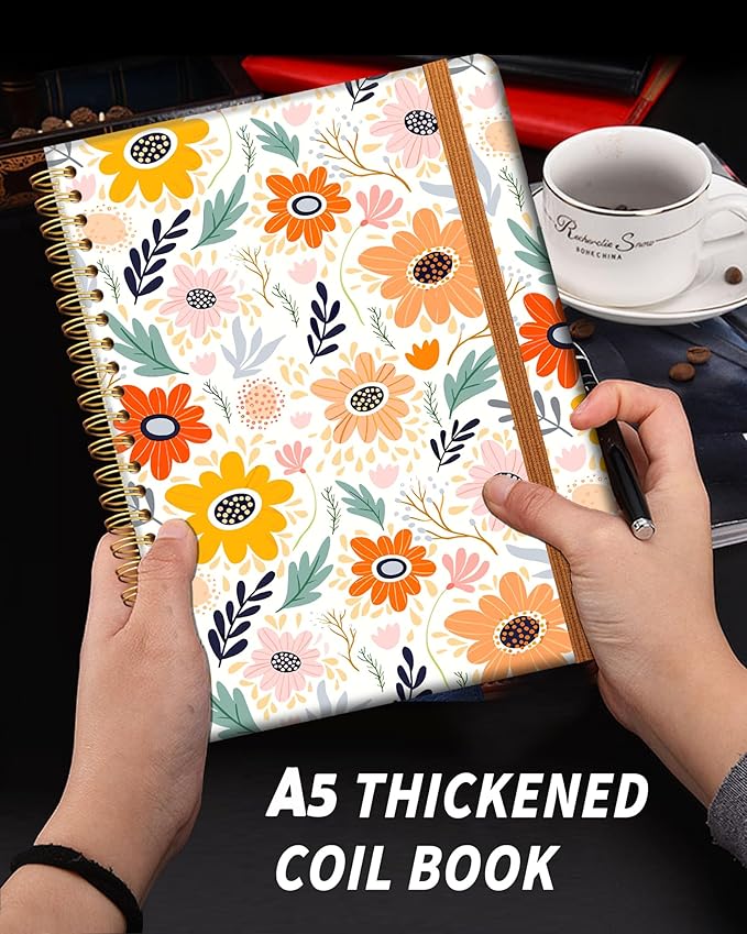 Ruled Spiral Writing Notebook,A5 Hardcover Lined College Journal for Women,Strong Twin-Wire Binding with Premium Paper,8.4" X 6",Perfect for School,Office,Home(Colorful Flowers)