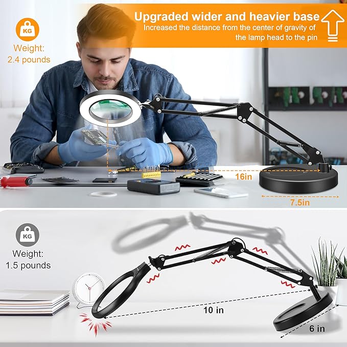 10X Magnifying Glass with Light and Stand, 2-in-1 LED Magnifier Desk Lamp, 3 Color Modes 10 Level Dimmable, Hands-Free Lighted Magnifier for Craft Repair Nail Reading Close Works (Black, Base)