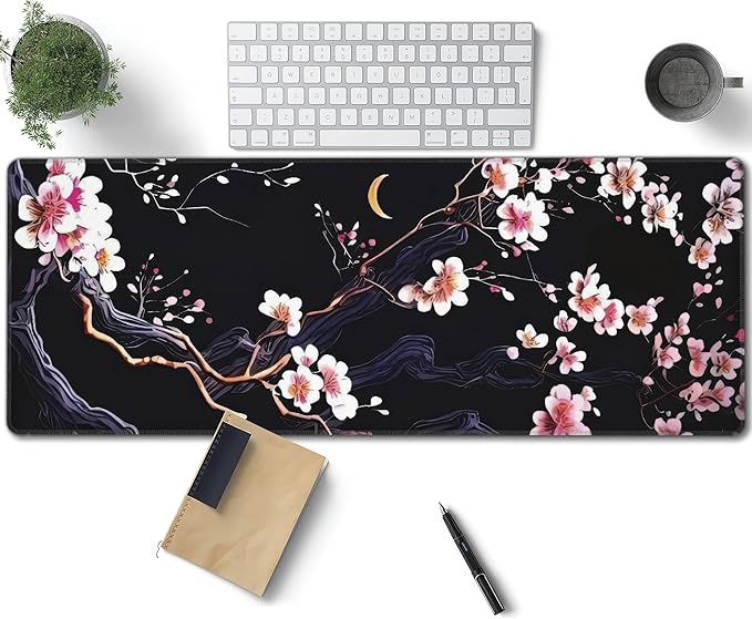 Plum Blossom and Moon Large Mouse Pad, Japanese Flowers Gaming Desk Mat, XL Keyboard Desk Pad Mat for Desktop, 31.5"x11.8" Non-Slip Base Big Mousepad with Stitched Edges