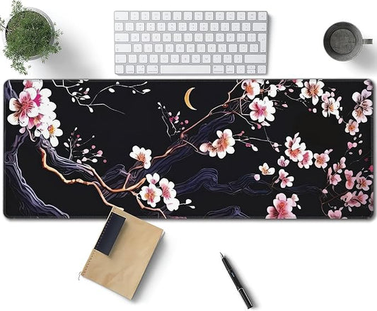 Plum Blossom and Moon Large Mouse Pad, Japanese Flowers Gaming Desk Mat, XL Keyboard Desk Pad Mat for Desktop, 31.5"x11.8" Non-Slip Base Big Mousepad with Stitched Edges