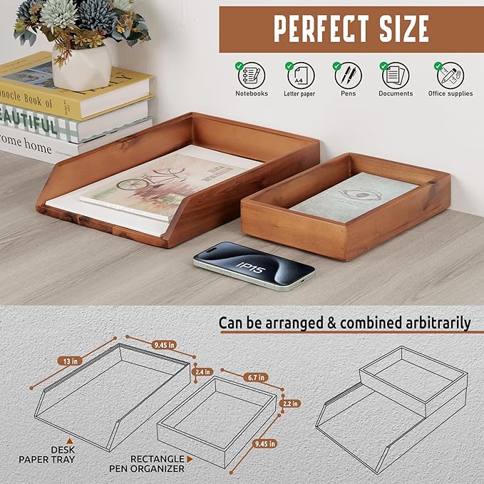 Demigo Desk Organizer Letter Tray Set of 2, Acacia Wood Tabletop Desktop for Storage Paper Letter Folders Notebooks Copy Print, Workspace Holder, Keep Stationery Saver (Brown)