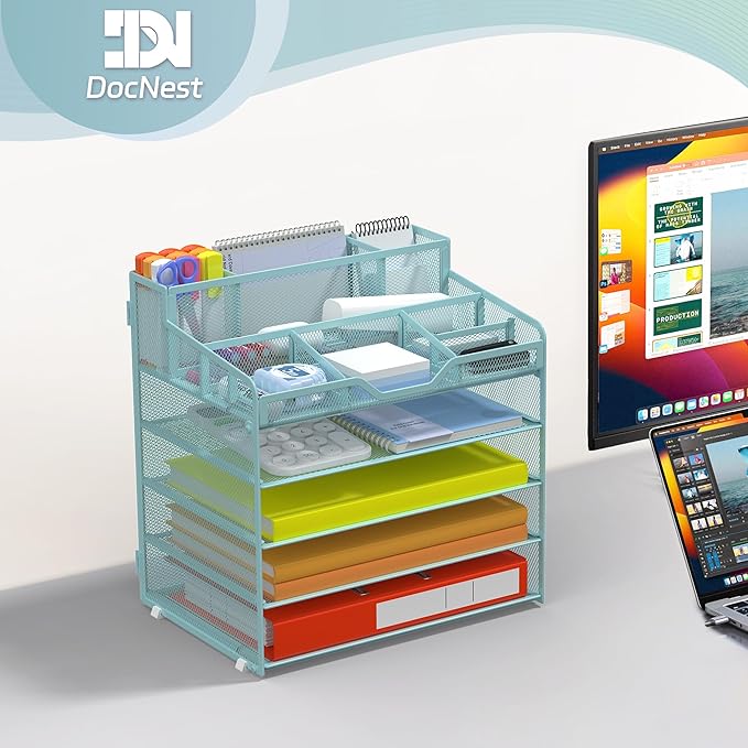 Docnest 5 Tier Mesh Desk Organizer for Paper Office Supplies – Multi-Functional Letter Tray with 5 Adjustable Compartments, 3 Pen Holders, Desktop Storage for Files, Mail, Stationery – Blue