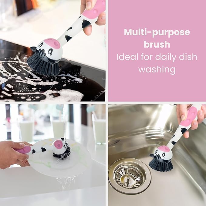 Vigar Moo Cow-Shaped Soap Dispensing Dish Brush, Dish Brush with Soap Dispenser for Pot Scrubber, Dishes, Sink, and Kitchen Essentials, White, Black
