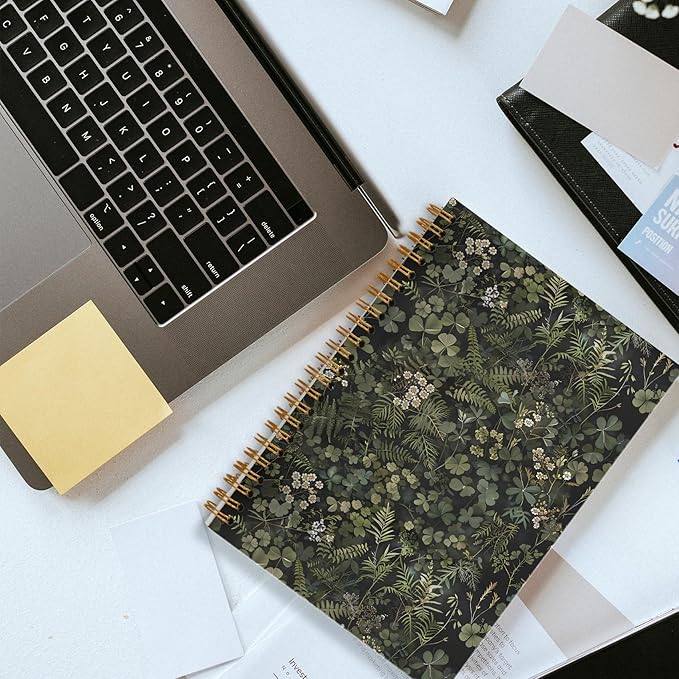 Dark Green Botanical Notebook, Cottagecore Wildflower Plant Journal, Vintage Fern Herb Leaf Floral Journal for Writing, Rustic Spiral Notebook 5.5x8.3 Inch