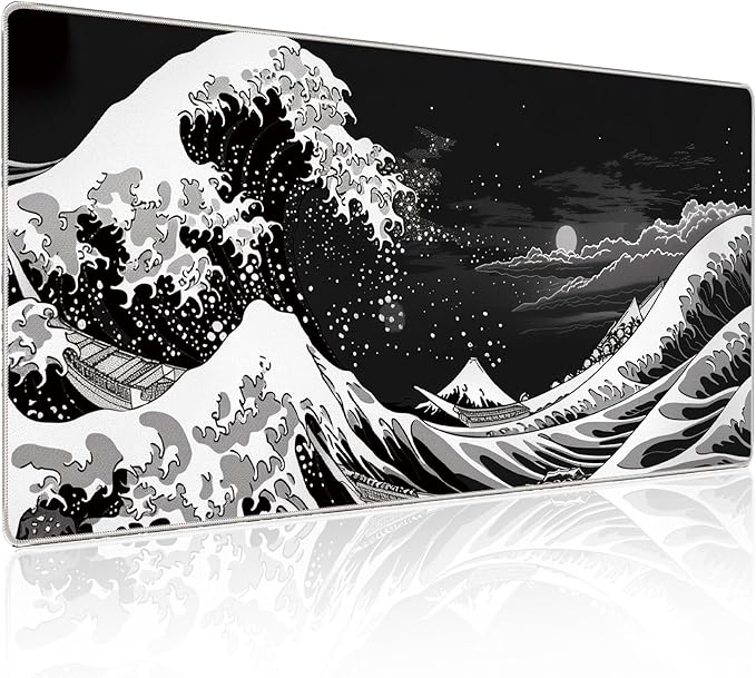 Japanese Sea Wave Gaming Mouse Pad, 31.5×11.8in Japanese Kanagawa Black Mousepad Desk Mat, High-Performance Smooth Precision Fabric Mousepad for Fluid Control, Stable Non-Slip Rubber Base Mouse Pad
