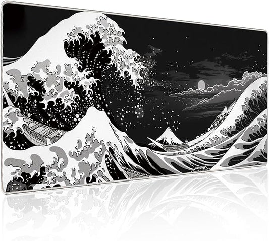 Japanese Sea Wave Gaming Mouse Pad, 31.5×11.8in Japanese Kanagawa Black Mousepad Desk Mat, High-Performance Smooth Precision Fabric Mousepad for Fluid Control, Stable Non-Slip Rubber Base Mouse Pad