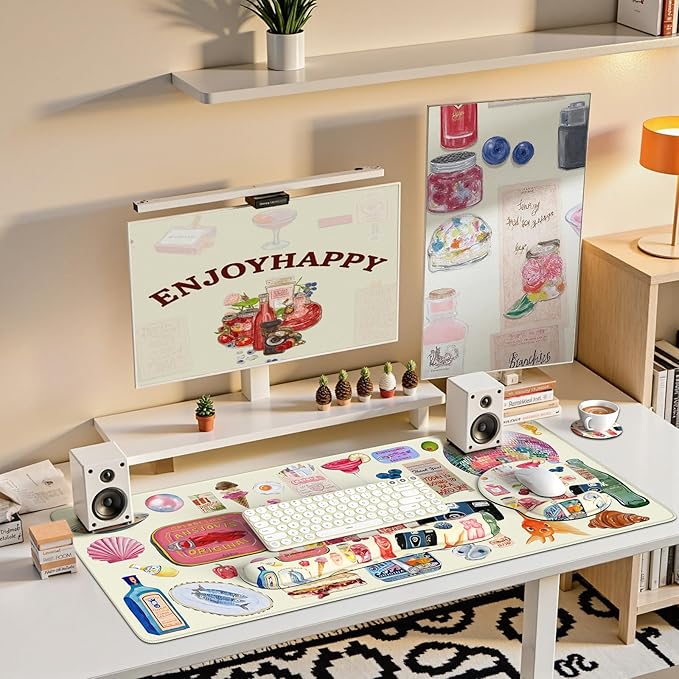 iCasso Desk Pad Mat, Large Mouse Pad and Keyboard Wrist Rest Set, Desk Protector Mat,4in1 Ergonomic Carpal Tunnel Keyboard Pad with Wrist Support for Desktop Home Office Computer (Watercolor Stickers)