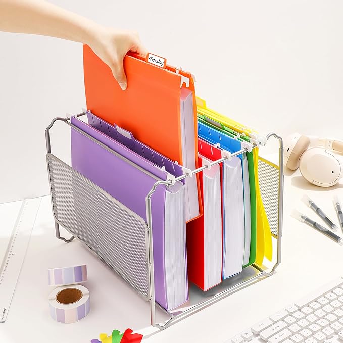 24 Pcs Plastic Hanging File Folders, Letter Size Reinforced Hanging File Folders with Insertable 1/5 Cut Tabs, Assorted Color Coded Organizers for Office Home Filing Cabinets Classroom Supplies