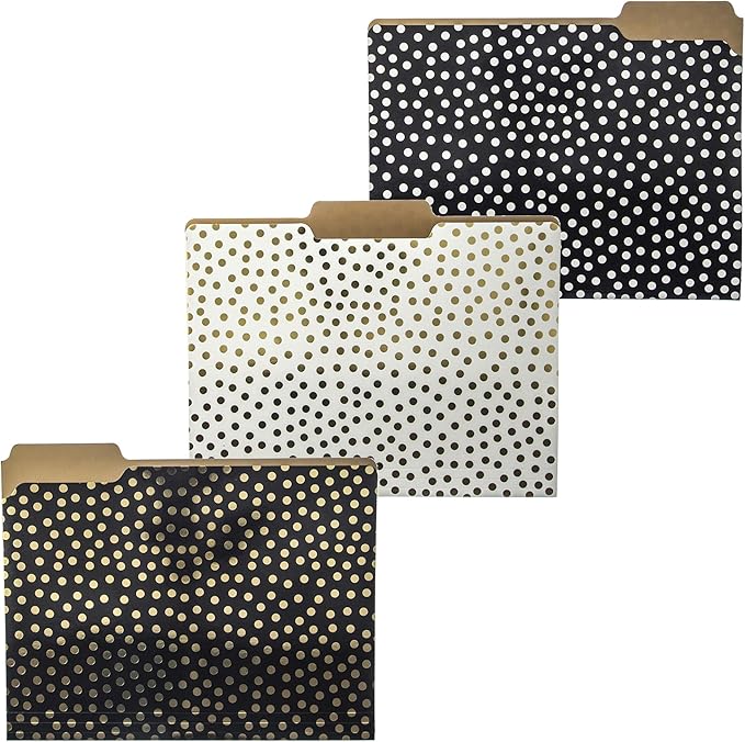 Graphique Designer Black, White, and Gold Polka Dots File Folders | Set of 9 (3 Designs) | Letter Size Organizers | Decorative Office Supplies | Durable Coated Cardstock | 1/3-Cut Tabs
