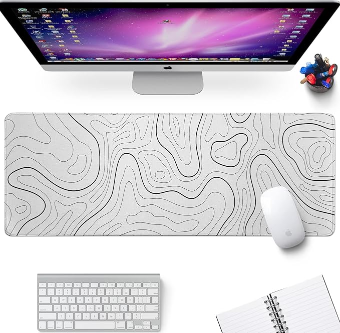 White Big Mousepad for Gaming Large Topographic Map Washable Desk Pad with Stitched Edge Office Supplies and Decor 31.5''x11.8'' Computer Keyboard Protector