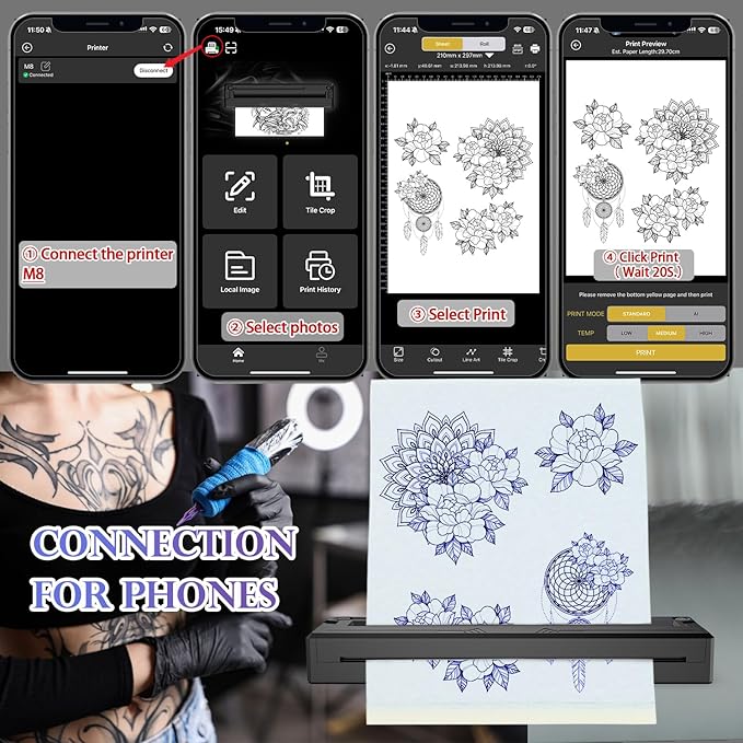 Wireless Tattoo Stencil Printer, Portable Bluetooth Thermal Tattoo Printer with App Custom-Size≤ A4, Print Realistic Portraits, 10 Transfer Papers Included, Works for Phone/Tablet/PC - Black