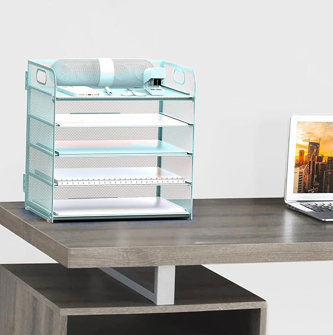 Letter Tray Paper Organizer 5-Tier Desk Organizer File Organizer Paper Holder with Handle, Metal Desktop Document Shelf Tray Office Classroom Organization - Blue