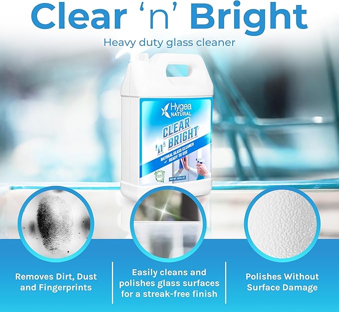Hygea Natural Clear 'n' Bright - Glass Cleaner Spray - Streak-Free & Ammonia-Free Window Cleaning - Eyeglass, Window & Mirrors Cleaning Supplies - Safe & Fast with Natural Ingredients (1 Gallon)