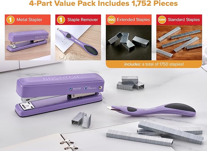 Bostitch Titan Heavy Duty Metal Stapler, 50 Sheet Capacity with 1250 Staples and Ergonomic Staple Remover, Jam Free Stapling, Full Strip Stapler for Desk, Office and Classroom, Purple