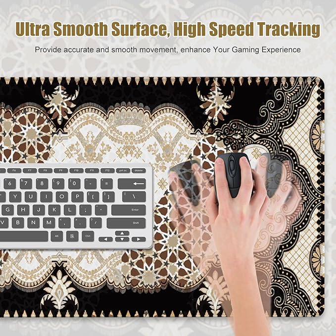 Large Mouse Pad, Desk Mat for Desktop, DeskPad Matt, XXL Big Mouse Pad for Desk, Anti-Slip Mousepad with Stitched Edges, Keyboard Pad Mouse Mat Cover for Computer PC 35.4×15.7 Inchs, Brown Rug Retro