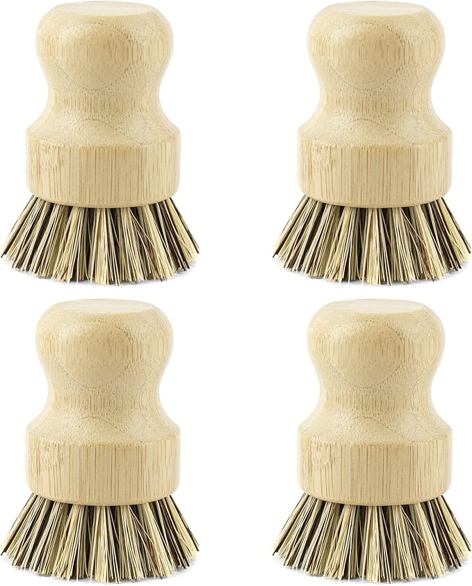 AUEAR, Natural Bamboo Dish Scrub Brush Cleaning Pot Scrubber Brushes Coconut Bristles for Cast Iron Skillet Pots Pans (4 Pack)