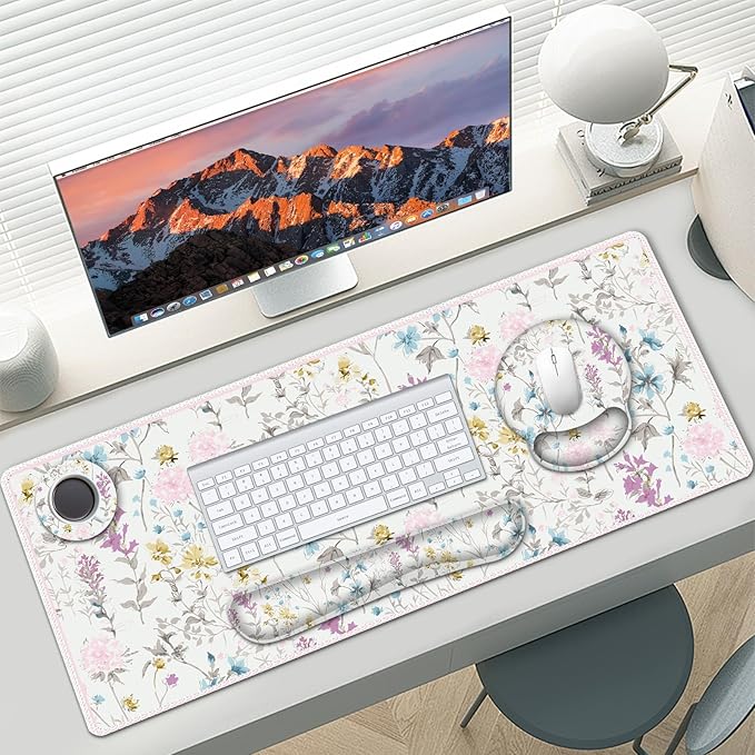 AIMSA Large Mouse Pad and Keyboard Wrist Rest, Desk Pad for Keyboard and Mouse, Large Gaming Mouse Pad with Wrist Support Combo, Desk Mat for Study Game, Wildflower Floral