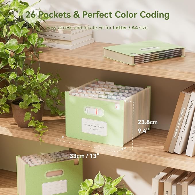Accordion File Organizer, 26 Pockets Wheat Straw Expanding File Folders, Upright&Open Top, A-Z Bill Receipt Organizer, 100% BPA Free, Return to Nature, Healthy Living, Letter/A4 Size-Mint Green