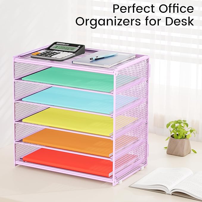 6 Tier Paper Organizer, Metal Mesh Desk File Folder, Letter Tray Organizer, Paper Sorter Desk Organizers for Office, Home or School File Folder Holder - Purple