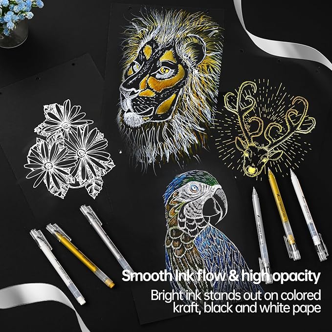 0.6mm Fine Point White Gel Pens, 3-Pack for Artists Drawing, Sketching, Illustration, and Adult Coloring Books, Opaque White Ink for Black Paper, Bullet Journaling, and Card Making