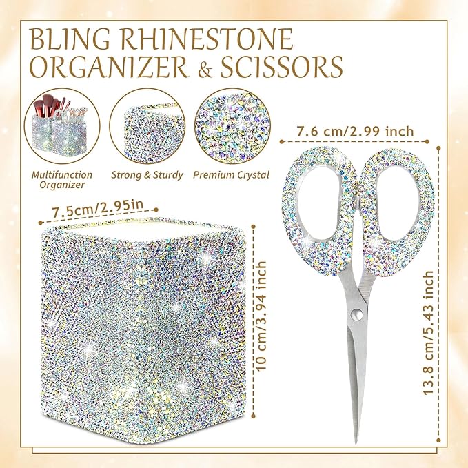 Qilery 8 Pcs Bling Desk Accessories Gift with 1 Bling Pen Holder 6 Pcs Crystal Rhinestone Pens 1 Crystal Scissors Glitter Makeup Brush Holder Vanity Decor Organizer(Multicolor)