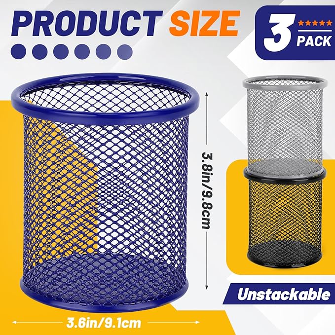 Segarty Pen Cup, 3 Pack Assorted Colors Round Pen Holder for Desk, Wire Mesh Pencil Cups Holder Desktop Accessories Organizer for Office Supplies, School, Home, Makeup Brush (Black Silver Dark Blue)