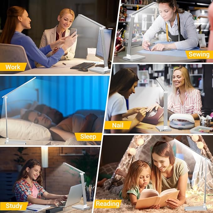 LED Desk Lamp for Home Office, 3 Levels Dimmable Desk Light with USB Charging Port, Small Study Lamp, Reading Light for Table, Silver, 5000K