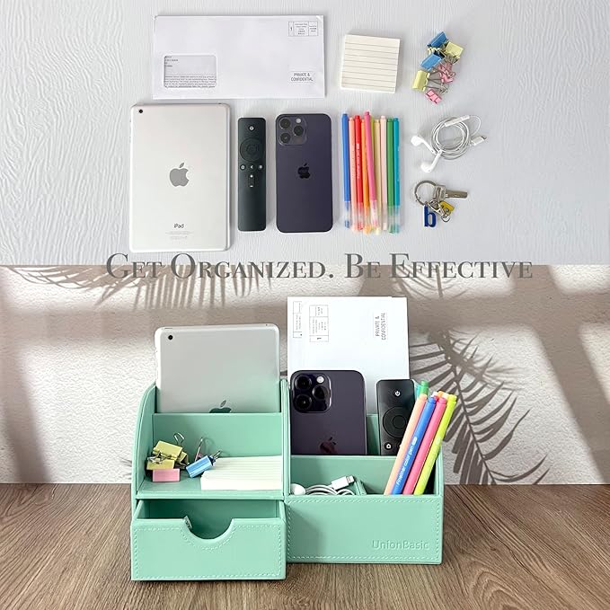 UnionBasic Desk Organizer - Multifunctional Leather Desktop Pen Holder Storage Box - Business Card/Pen/Pencil/Mobile Phone/Stationery Holder, Mint Green