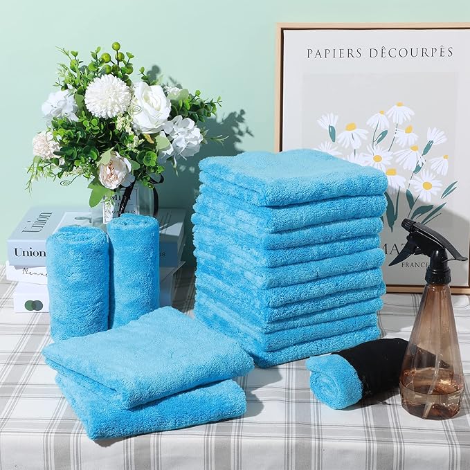 Shimeyao 30 Pcs 16 x 16 Inch Edgeless Microfiber Plush Towels for Cars Detailing Drying Wash Polishing Absorbent Cleaning Cloths, 500 GSM (16 x 16 Inch, Light Blue, 30 Pcs)