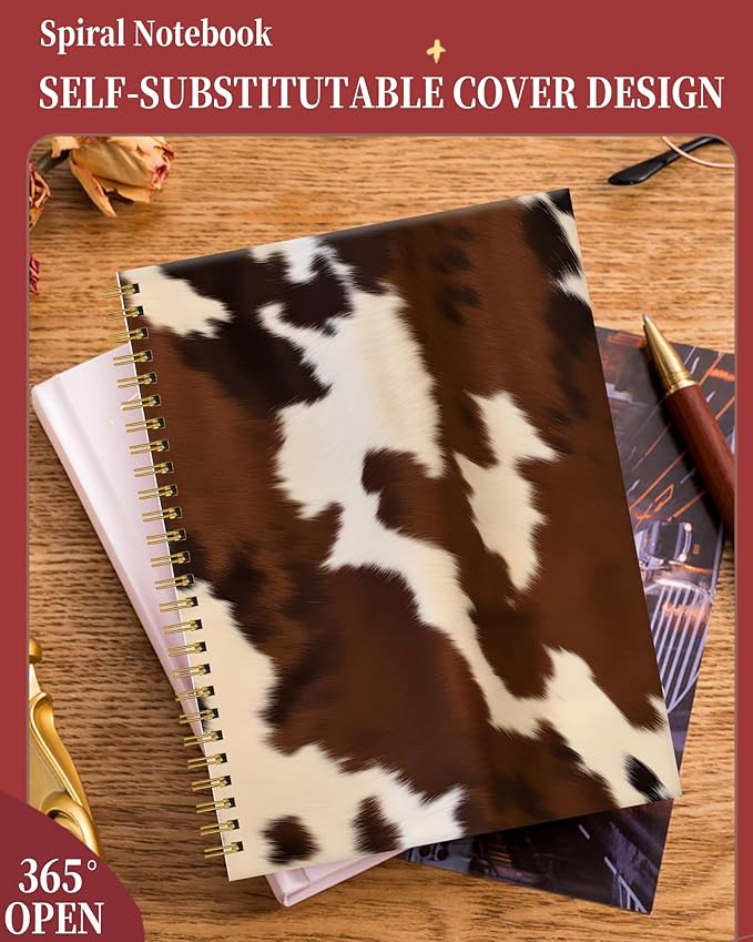 Spiral Journal Notebook for Women,A5 College Ruled Notebooks 6"x 8.4", 120 Pages Lined Journal with Premium Thick Paper,Perfect for School Office Home Gifts(Brown Cow western cowhide)