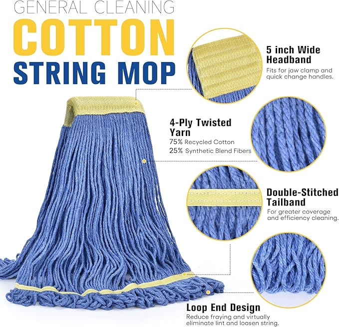 Matthew Cleaning Heavy Duty Mop Head Replacement, 5 Inch Wide Headband, Color Coded Looped End Cotton String Wet Mops for Floor Cleaning, Large Size 24 oz, 12 Pack