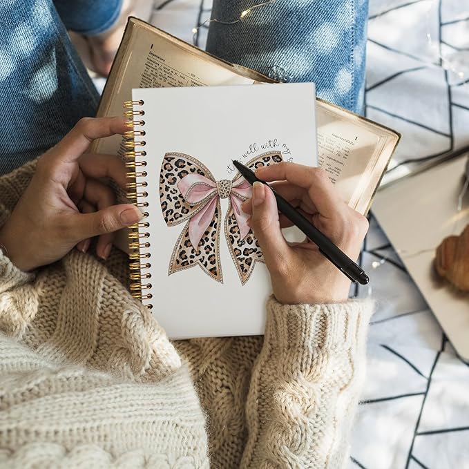 Leopard Coquette Bow Christian Spiral Notebook, Christian Notebook for Women, Religious Prayer Journal for Woman, It is Well with My Soul Scripture Hardcover Notebooks 5.5x8.3